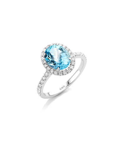SLAETS Jewellery Ring Aquamarine Oval Halo Diamonds, 18kt White Gold (watches)